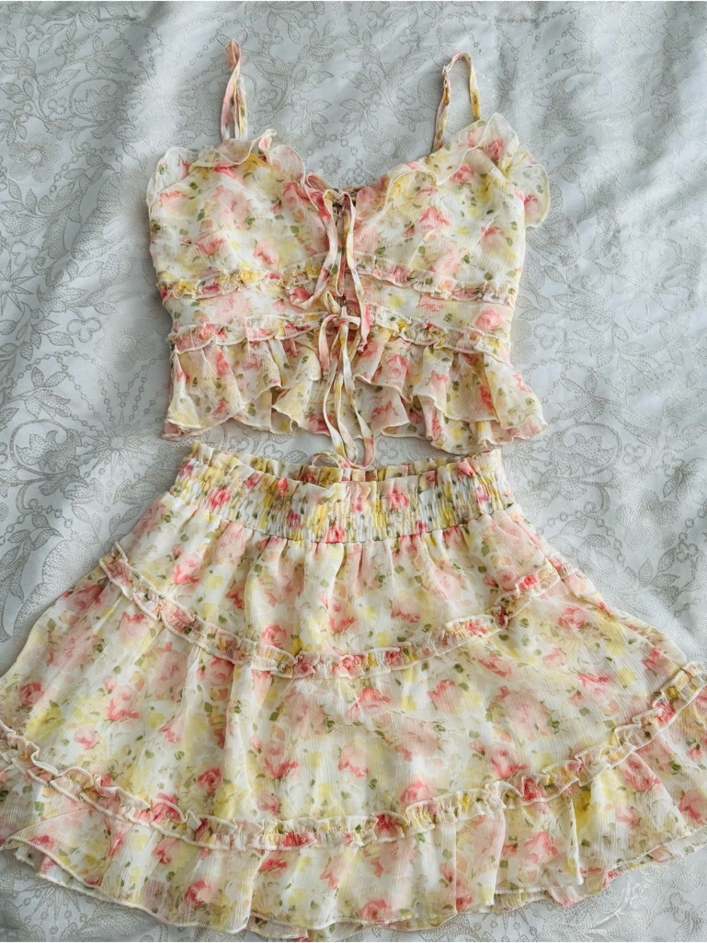 Floral Ruffle Tiered Mini Skirt in Cream and Pink